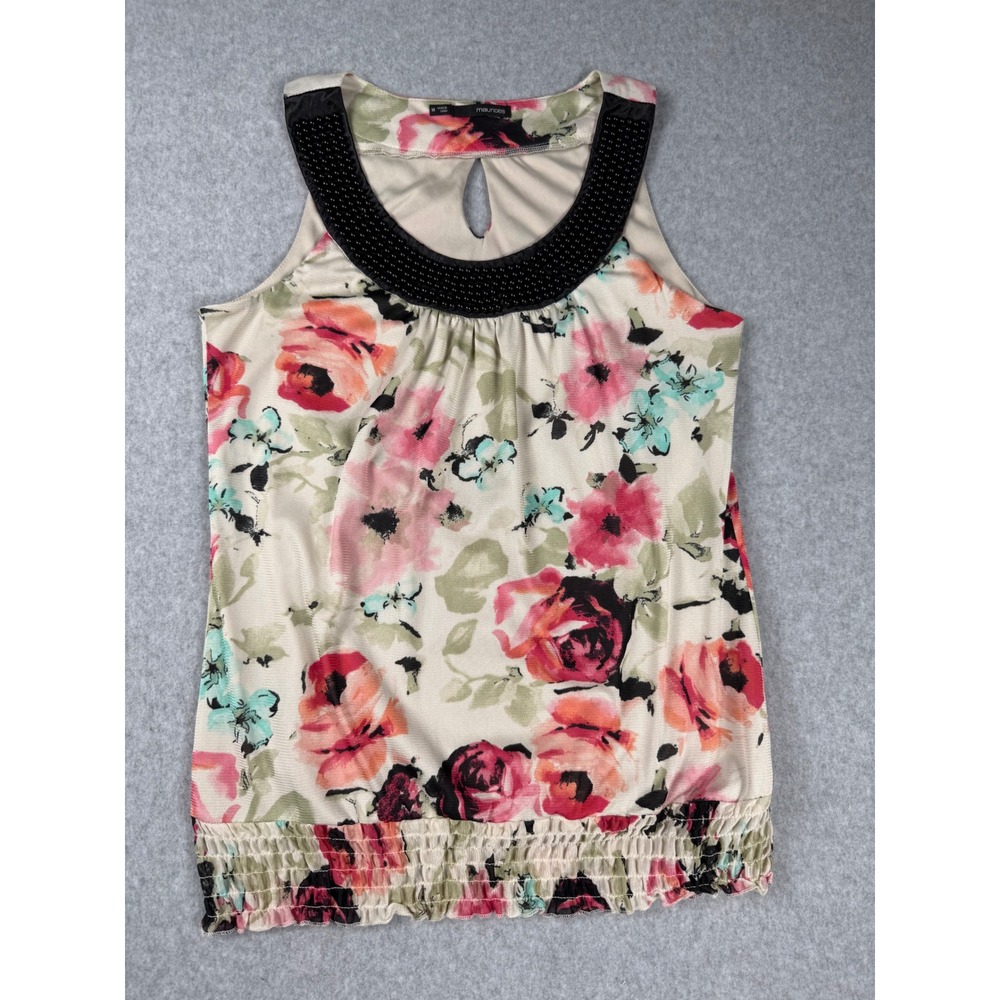 Maurices Floral Beaded Tank Top Medium Cream Pink Y2K Whimsigoth Smocked Hem